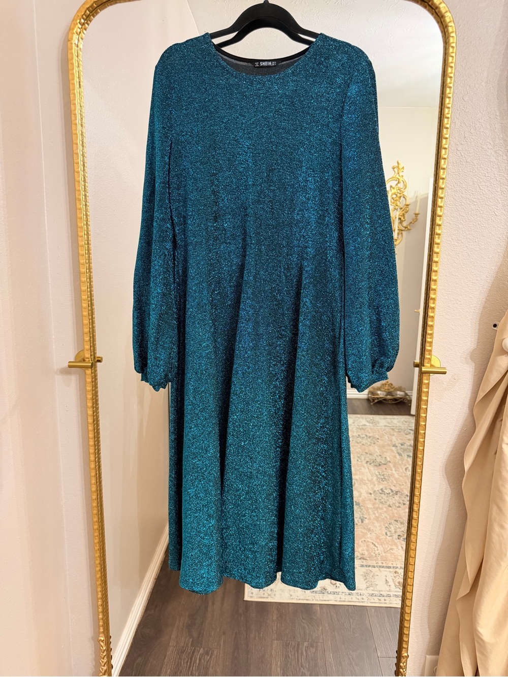 SHEIN Teal Glitter Long-Sleeve Midi Dress